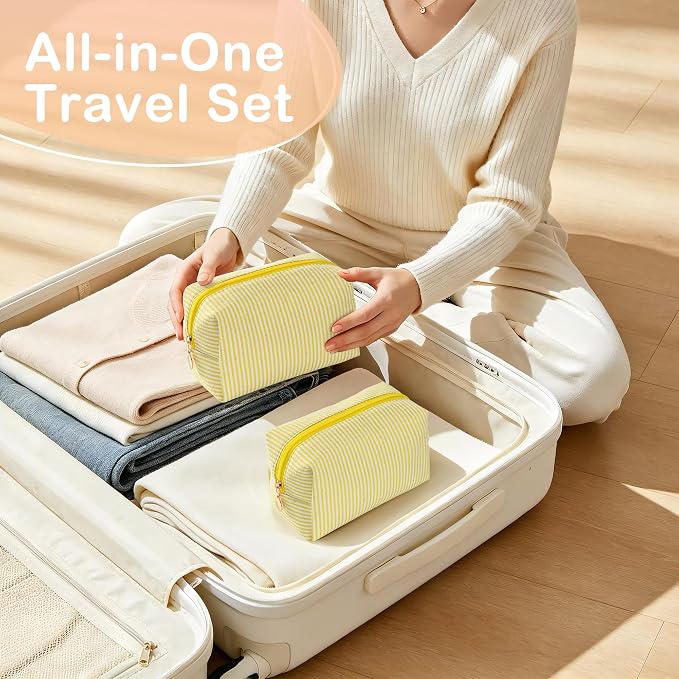Makeup Bag Set for Women, 4PCS Travel Cosmetic Bags Pencil Case, Striped Seersucker Toiletry Organizer Pouches, Cute Makeup Pouch for Purse, Accessories and Gifts, Yellow - Image 6