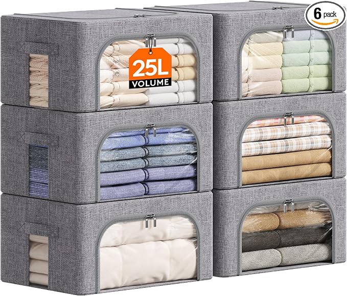 Lifewit Clothes Storage Bins with Metal Frame, Stackable Storage Box, Foldable Clothing Storage Bins with Lids, 25L Storage Bags Fabric Box Organizer with Clear Window＆ Zippers＆ Sturdy Handles 6 Pack by Lifewit
