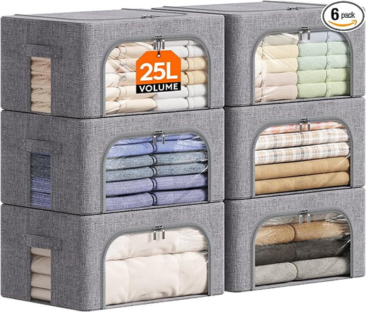 Lifewit Clothes Storage Bins with Metal Frame, Stackable Storage Box, Foldable Clothing Storage Bins with Lids, 25L Storage Bags Fabric Box Organizer with Clear Window＆ Zippers＆ Sturdy Handles 6 Pack by Lifewit