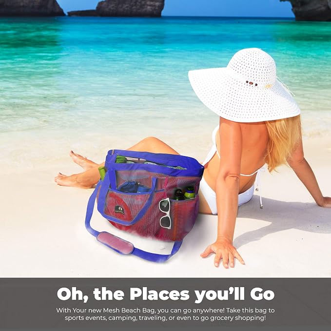 Red Suricata Mesh Beach Bag with Zipper - Extra Large Beach Tote Bag – Pool Bag | with Zipper - Image 6