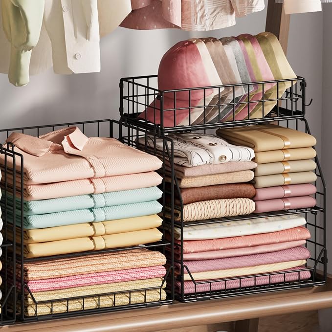 Jakyitvi 5-Tier Stackable Closet Organizers and Storage with Small Basket for Hats,Closet Storage Basket with Adjustable Dividers and 4 hooks,Clothes Shelf Bins for Closet Organizer System,Black - Image 5