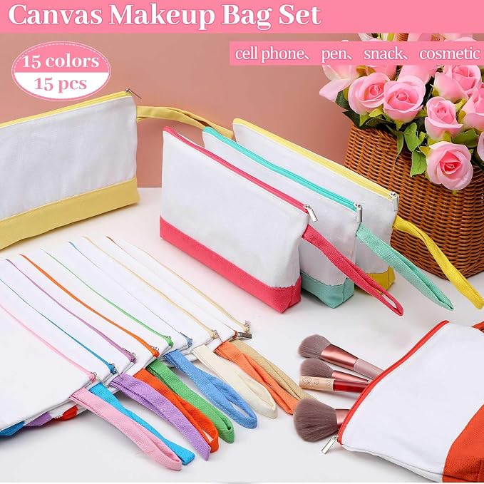 Silkfly 15 Pcs Cotton Canvas Makeup Bags Cosmetic Zipper Bags 10.2 x 5.5 x 2'' Blank DIY Pouch Bulk Pencil Case with Bottom Travel Toiletry Pouch for Women Craft Decor Gift (Fashion Color) - Image 4