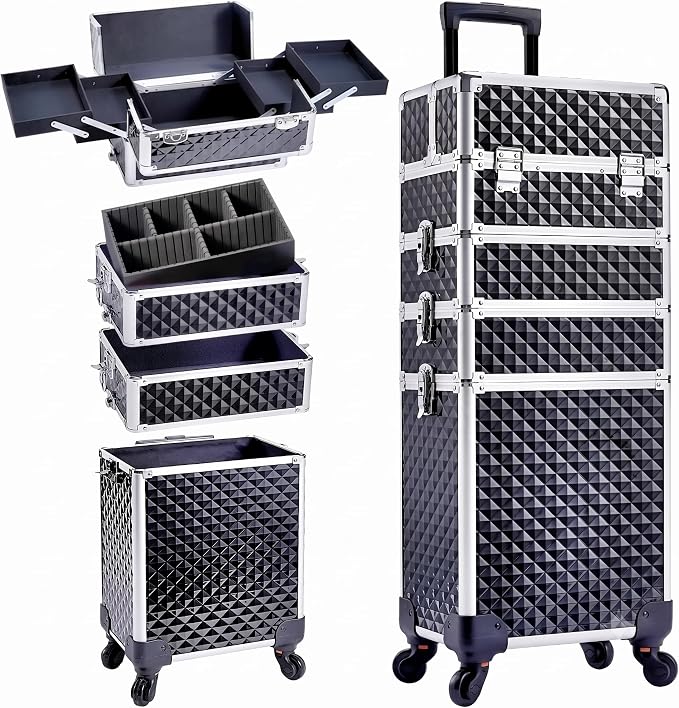 4-in-1 Cosmetology Case on Wheels Portable Rolling Makeup Train Case | Rolling cart for cosmetic supplies, Portable storage for makeup artists/hairstylists/nail technicians/beauty enthusiasts by AdazzoRollingMakeupCase