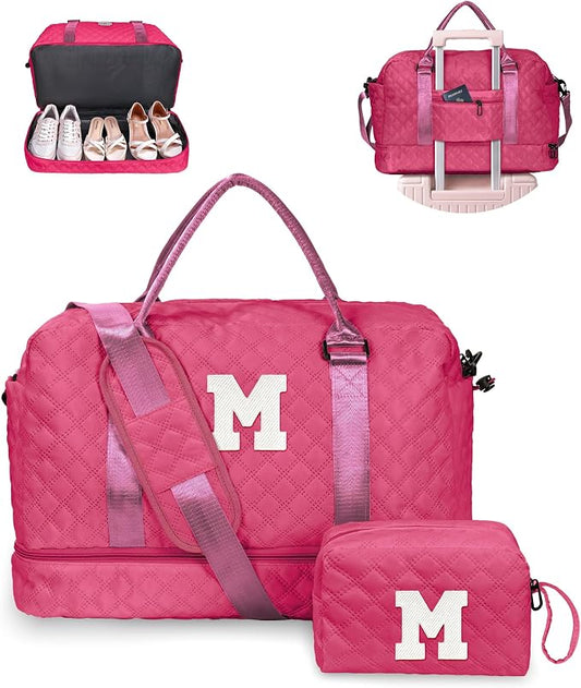 Gifts for Teen Girls 12-14, Birthday Gift-Initial Travel Bag with Shoe Compartment, Personalized Weekender Bag, Monogram Overnight Bag for Women, Letter Travel Bag with Makeup Bag (Letter M) by Vogewood