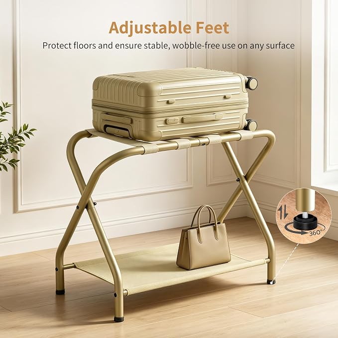 Heybly Luggage Rack for Guest Room, Pack of 2, Steel Folding Suitcase Stand with Storage Shelf for Bedroom, Hotel, Foldable Steel Frame, Guest Room 26.2" L x 14.4" W x 20.5" H, Gold HLR004J2 - Image 6