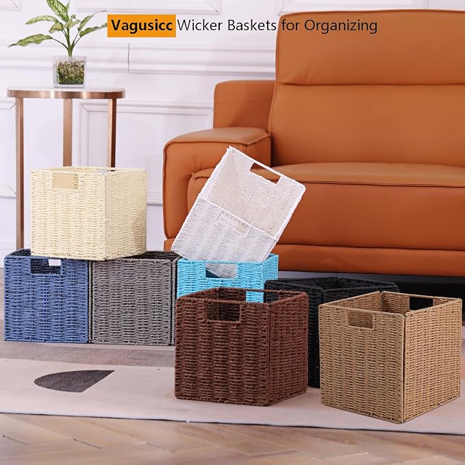 Vagusicc Wicker Storage Basket, Set of 2 Hand-Woven Storage Baskets for Shelves with Handles, Foldable Cube Storage Baskets Bins Organizer, 9 inch Wicker Baskets for Pantry Bedroom Decor, Beige - Image 5