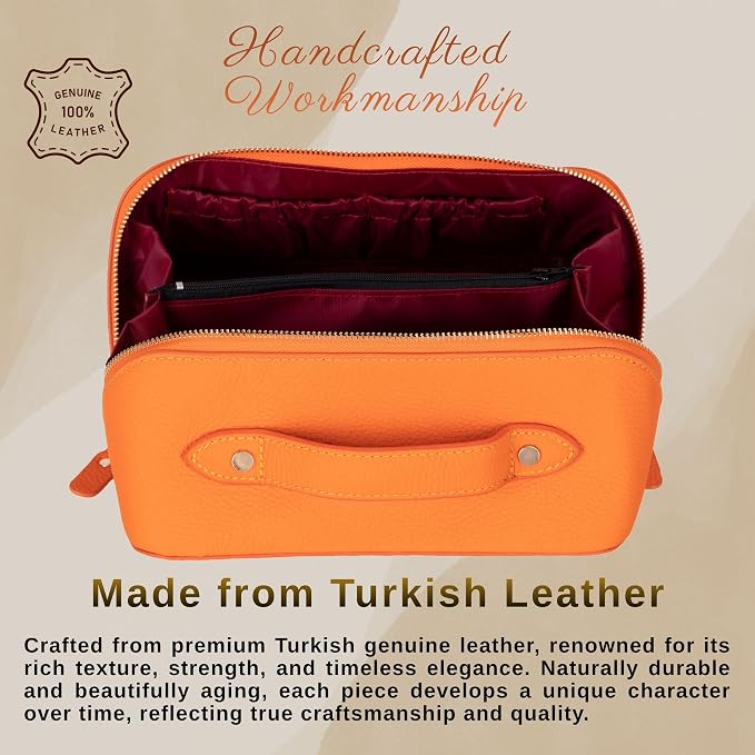 VENOULT Makeup Bag, Spacious Cosmetic Case for Women, Portable 180° Wide-Open Flat Cosmetic Bag, Travel Toiletry Organizer with Handle, Hanmdade, Full Grain Genuine Turkish Leather (Mango) - Image 4
