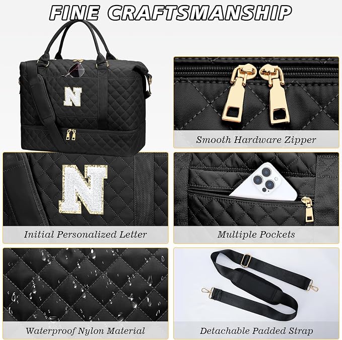 Gifts for Women Teen Girls Initial Travel Duffle Bag Quilted Weekender Bags Carry-On Overnight with Cosmetic Bag Hospital Bag for Women Labor Delivery, Black N - Image 6