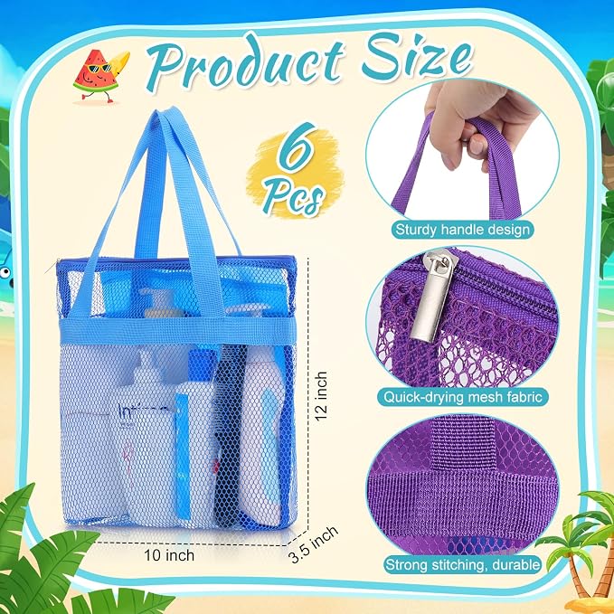 6 Pcs Mesh Beach Bags Bulk Portable Mesh Shower Caddy Bags with Zipper & 2 Pockets Hanging Toiletry and Bath Organizer for Beach Gym Camp Swimming Travel College Dorms (Fluorescent Color) - Image 2