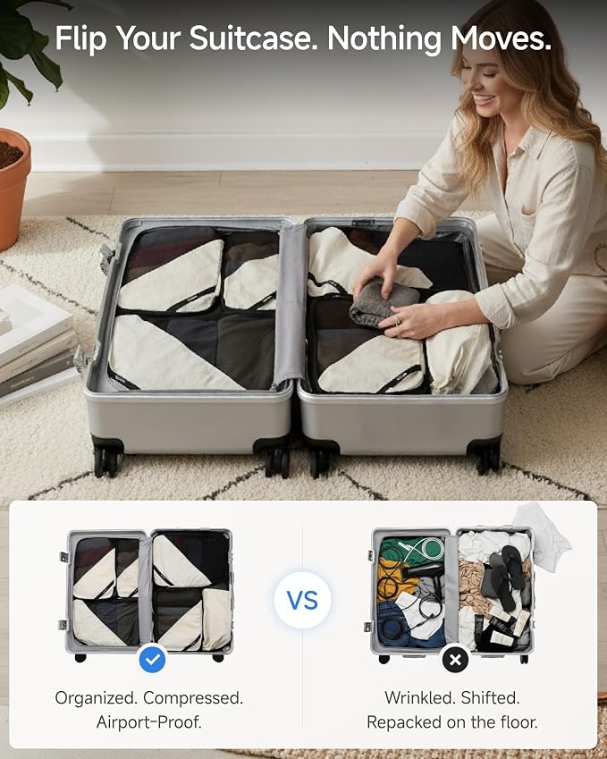 LUGGEX Compression Packing Cubes for Travel, 6 Set Lightweight Luggage Organizer Bags with Shoe Bag, Space Saving Suitcase Packing Cubes for Carry-On with Breathable Mesh, Double-Zipper (POX01, Beige) - Image 3
