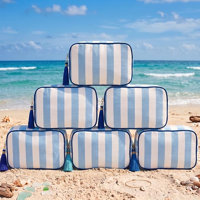 Kacctyen 6 Pack Baby Blue and White Striped Makeup Bag bulk with Tassel Travel Cosmetic Pouch Organizer Large Zipper Toiletry Case for Women Aesthetic Storage Pouch Mahjong Tile Bag by Kacctyen