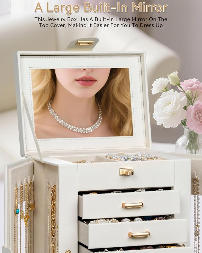 AKOZLIN 6-Tier Jewelry Box Organizer Functional 5 Drawers Leather Jewelry Storage Case for Women Girls Ring Necklace Earring Bracelet Holder Organizer with Mirror White 360° Rotating - Image 4
