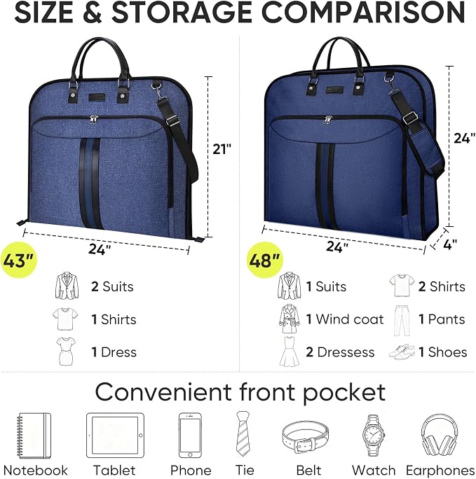 BALEINE Travel Garment Bag, Travel Suit Bag for Men, Water Resistant Carry on Garment Bag for Hanging Clothes, Garment Duffel Bag for Travel Business (Blue, 48") - Image 4