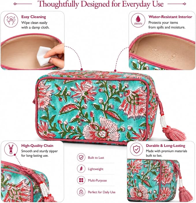 Travel Makeup Bag- Large Capacity Cosmetic Bags for Women - Water Resistance Lining Portable Pouch & Open Toiletry Bag - Perfect Girls Makeup Organizer for Travel Essentials (Green & Pink Floral) - Image 3