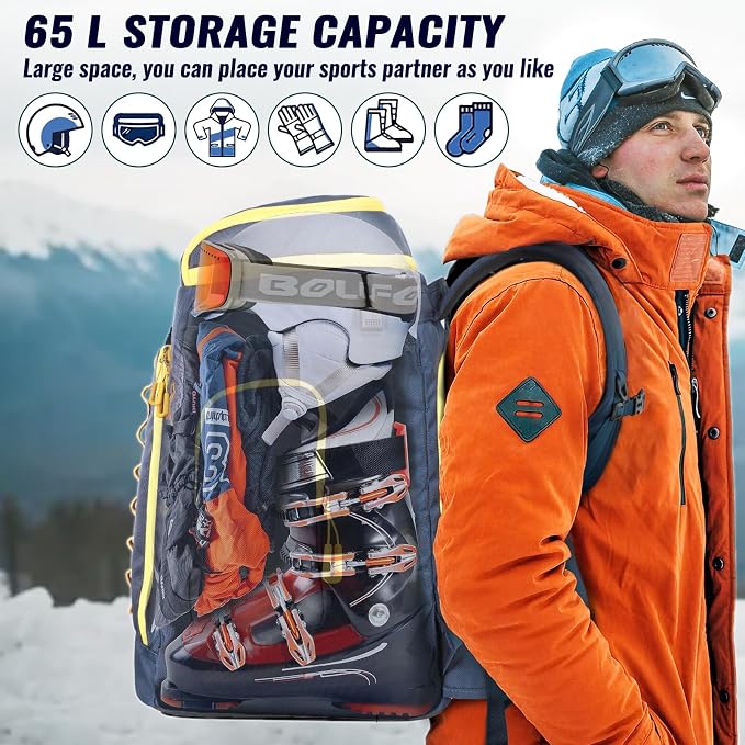 Ski Boot Bag, 65L Durable Travel Backpack, 1680D Nylon Waterproof Snowboard Boot Bag, Skiing and Snowboarding Travel Luggage for Helmet, Goggles, Gloves, Outerwear & Accessories - Image 2