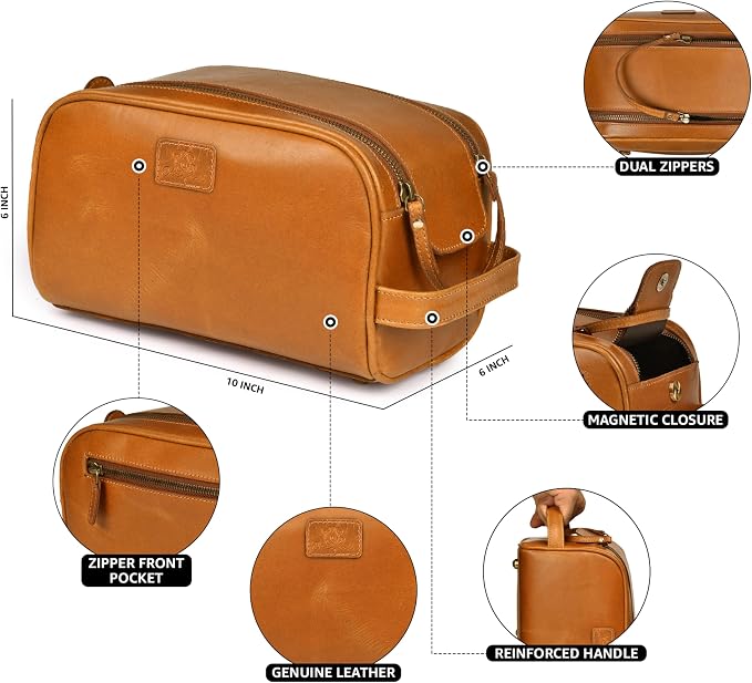 Premium Leather King Size Toiletry Travel Pouch – Handcrafted Dopp Kit Bag with Waterproof Lining, Spacious Design for Travel Essentials, Elegant Tan Finish - Image 2