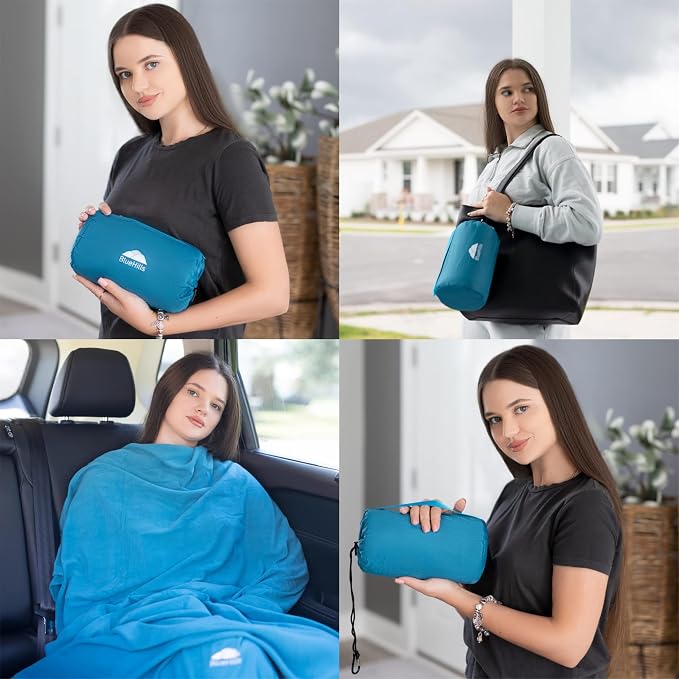 BlueHills Premium Ultra Compact Travel Blanket Pillow Airplane Peacock Teal | 2 in 1 Travel Pillow/Blanket, 70 X 56 Long, Luggage Strap & Backpack Clip, Packable & Lightweight for Airplane, Portable Case - Image 3