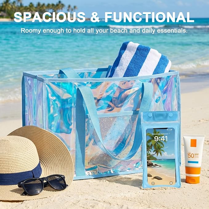 Iridescent Waterproof Beach Tote Bag for Women Large Jelly Tote Bag for Summer Travel Vacation Swim Pool - Image 5