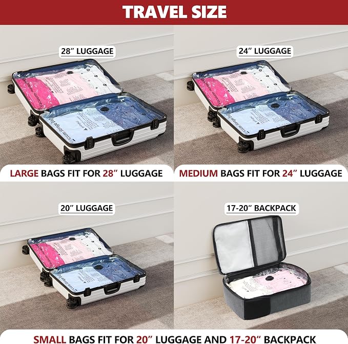 Vacuum Seal Bags for Clothing Travel and Home Storage, Travel Vacuum Bags with Electric Pump, Space Saver Compression Packing Cubes for Luggage Suitcase Bedding Blankets Clothes, 8 Medium - Image 3