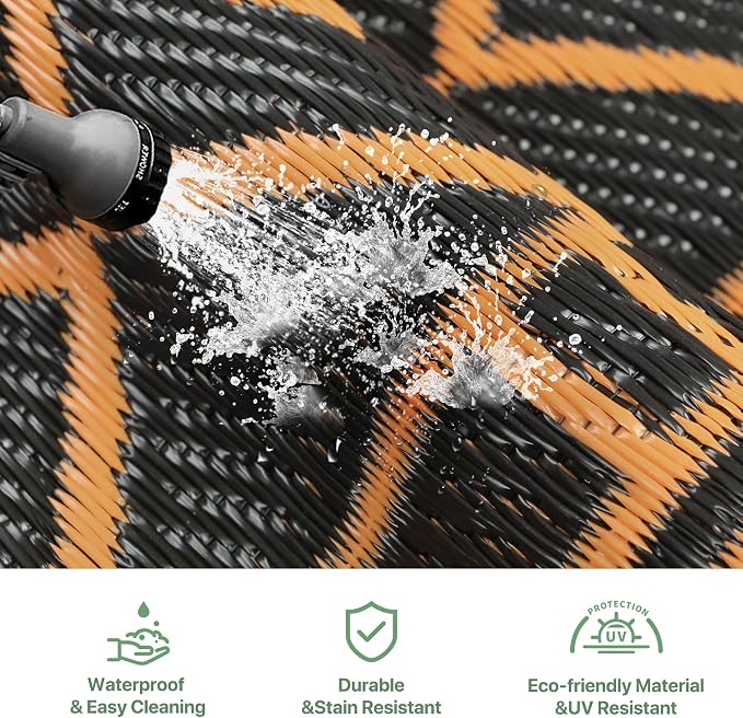 GENIMO Outdoor Rug, Waterproof Plastic Rugs for Patio, 6'x9' Blcak Orange | Outside Larger Modern Carpet Mat for Porch Decor, Deck, Balcony, Camping, RV, Backyard, Picnic, Beach, Reversible - Image 5
