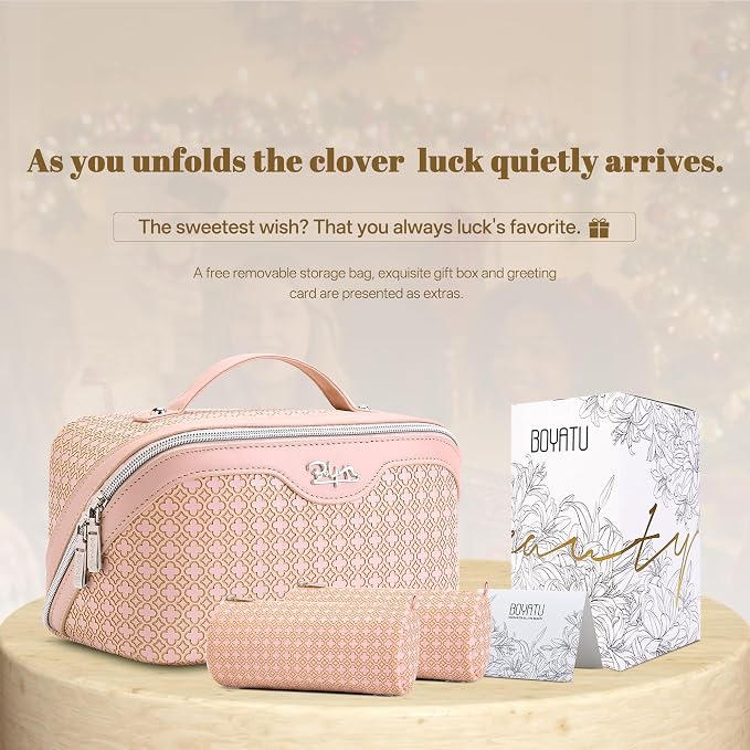 BOYATU Travel Makeup Bag for Women: Four Leaf Clover Large Capacity 3 Pcs Set Cosmetic Bags - Waterproof 50% Extra Space for Toiletry Organizer - Travel Essentials for Fortunate (03 Pink) - Image 7