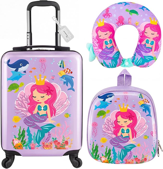 Sanwuta 4 Pcs Kids Luggage Set Back to School Gifts for Girls Boys Carry On Rolling Suitcase Backpack Neck Pillow Travel Set(18 Inch,Mermaid Style,Purple) by Sanwuta