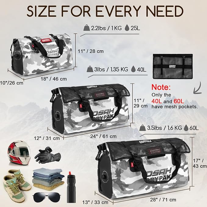 OSAH DRYPAK Waterproof Duffel Bag - Motorcycle Dry Bag Tail Bag with Large Storage Space, Waterproof Luggage Duffle Bags with Outer Mesh Zipper Pocket for Camping, Kayaking, Fishing & Traveling - Image 2