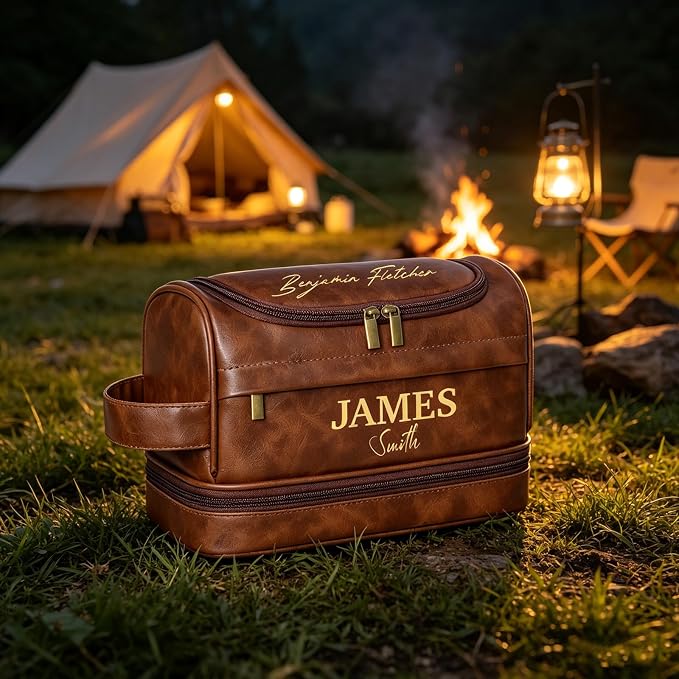 Personalized Leather Toiletry Bag, Brown, Three Layer Structure, Waterproof, Customizable Name Engraving, Travel Organizer for Men, Multi-Occasion Gift (UK2001) - Image 4