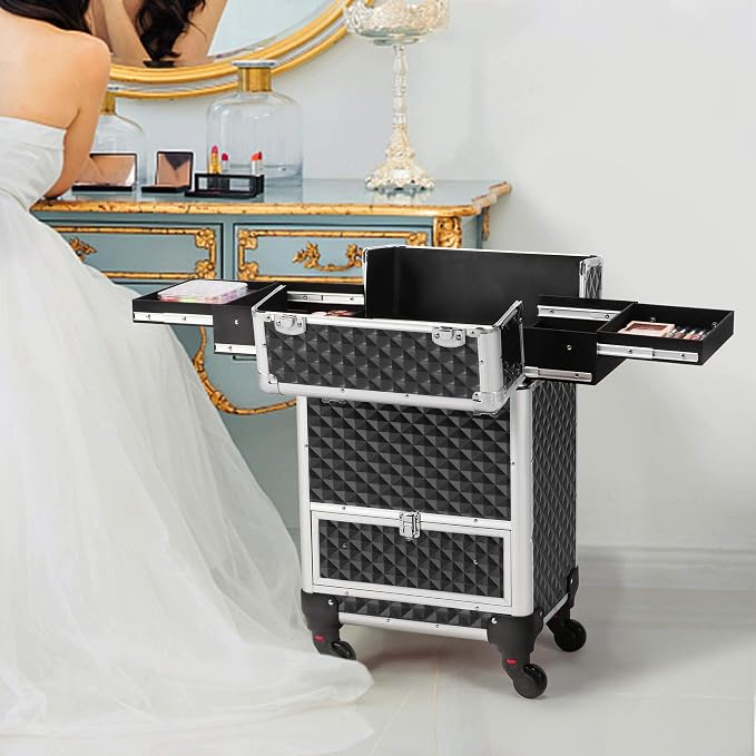 Yaheetech Rolling Makeup Train Case with a Drawer Nail Trolley Black/Silver | Sturdy ABS & aluminum nail cart organizes beauty supplies in side trays and a drawer, rolls smoothly & lockable for travel - Image 2