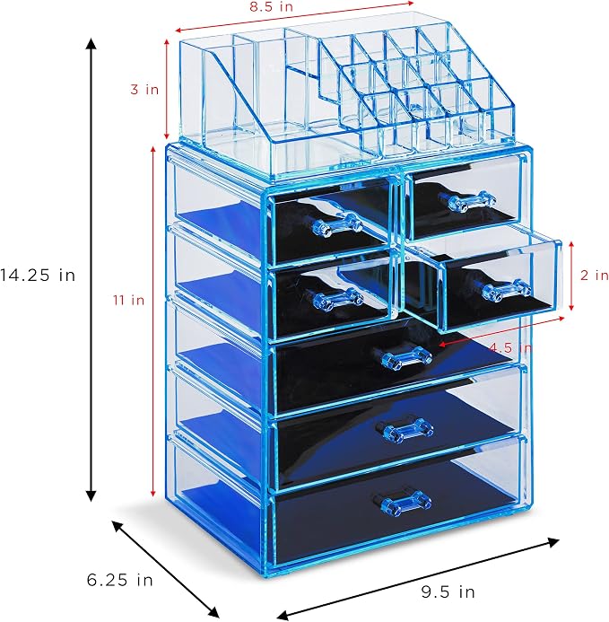 Sorbus Acrylic Makeup Organizer Set, 7-Drawer Vanity & Countertop Cosmetic Storage with Small & Wide Compartments, Blue Brilliance Makeup Storage for Brushes, Jewelry – Holiday Gift for Women & Teens - Image 3