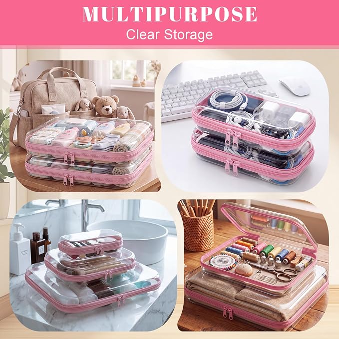 12 Pack Clear Hard Shell Zipper Case with 40 Labels, X-Large/Medium/Small Stackable Clear Pouches, Crush-resistant Travel Toiletry Bag Organizer for Makeup Board Games Electronics (Pink) - Image 5