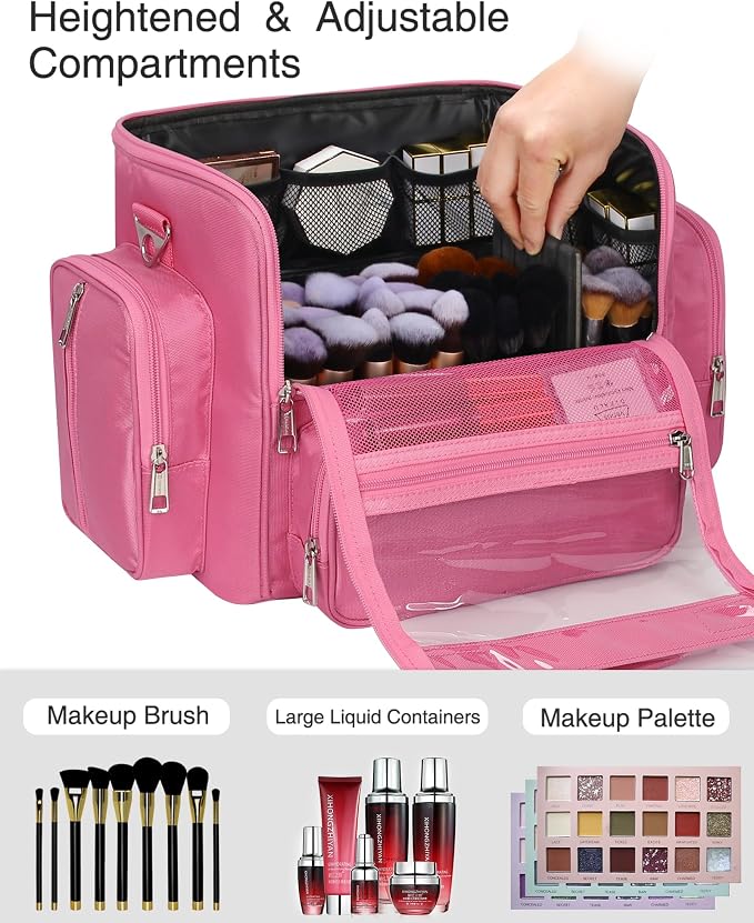 NAONAYA Pink Makeup Brush Bag, Clear Makeup Brush Holder with Lid, Extra Large Capacity Travel Cosmetic Bag Makeup Artist Must Haves,Make Up Organizers and Storage, with Adjustable Dividers - Image 3