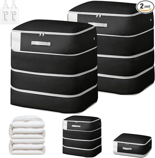 Comforter Storage Bag - 130L Large Capacity Blanket Storage Bags 4-Layer Ultra Space Saving Self Compression Organizer, Washable Compression Bags for Storage Comforter Blanket, 2-Pack, Black by EasortmPackingCubes