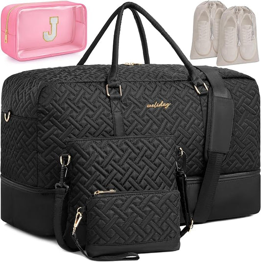 Weekender Bag for Women, 6 Pcs Set Carry on Overnight Bag, 21" Travel Duffel Bag with Initial Clear Makeup Pouch and Waterproof Shoe Compartment by WELIDAY