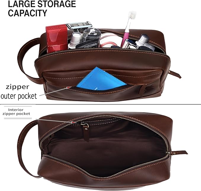 Leather Farm Premium Buffalo Leather Toiletry Bag for Men & Women - Dopp Kit With Water Resistant Lining, Shaving Pouch, Unisex Wash Bag For Toiletries, Gifts For Men and Women - Dark Brown - Image 7