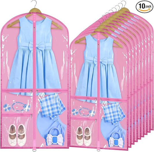 Windyun 10 Pack Garment Bags for Dance Costumes Kids 40 Inch Bags Hanging Clothes with 3 Clear Zipper Pocket Waterproof Garment Cover for Dance Competition, Travel, Closet Storage (Pink) by Windyun