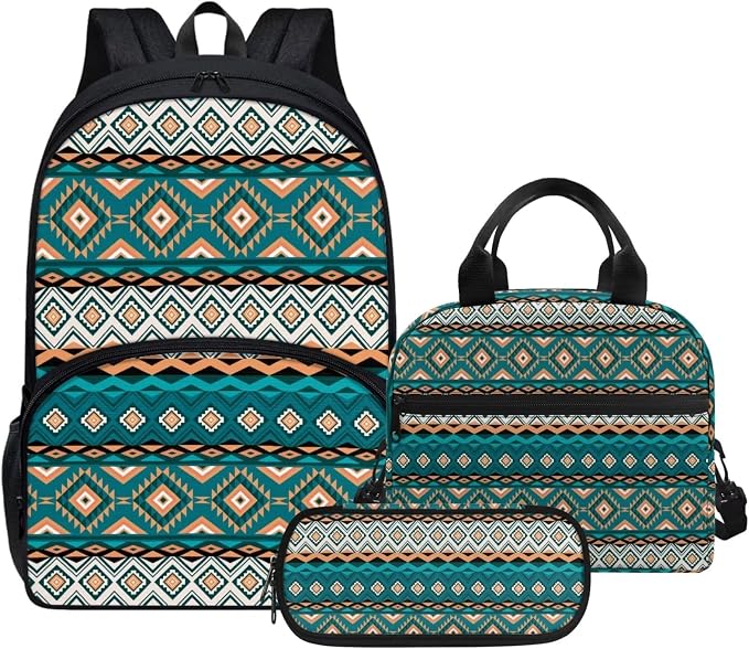 Turquoise Tribal Aztec Backpack with Lunch Box and Pencil Case Girls Comfy Padded Cute School Backpack Set of 3 Bookbag for Student Lightweight Large Capacity Daypack by Parprinty