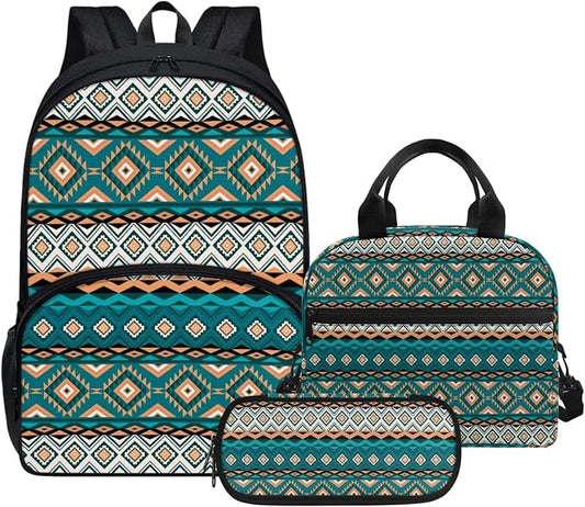 Turquoise Tribal Aztec Backpack with Lunch Box and Pencil Case Girls Comfy Padded Cute School Backpack Set of 3 Bookbag for Student Lightweight Large Capacity Daypack by Parprinty