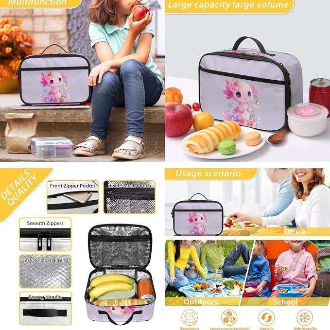 Axolotl Backpack for Girls 9-10 with Lunch Box Primary School Bag and Lunch Bag Set 3 Piece Cute Book Bags for Middle School Lunchbox Pencil Case - Image 5