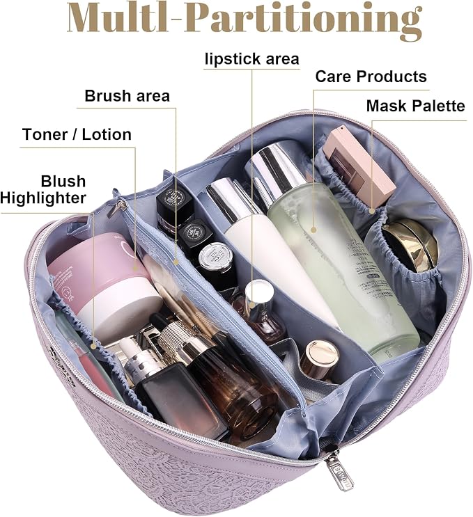 BOYATU Travel Makeup Bags Cosmetic Organizer Bag: 3-Set Large Capacity Make up Bag - PU Leather Toiletry Bags for Women - Wide Open Portable Pouch with Divider & Handle (A-Violet) - Image 3