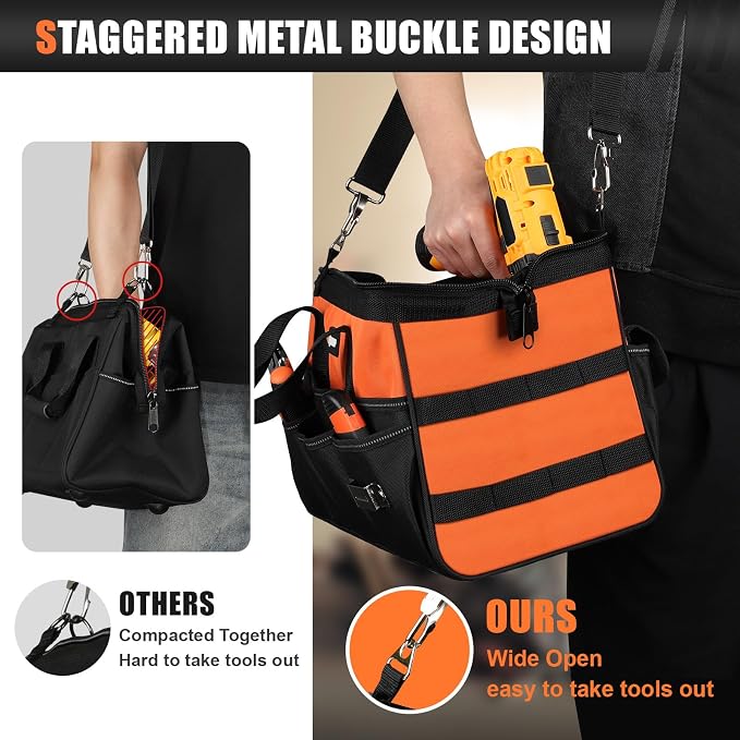 UUP 15" Heavy Duty Tool Bag, 16-Pocket Tool Box Organizer Orange | 16 Pockets & MOLLE. Detachable Strap & Handle. Non-slip Base, Metal Buckle. 30lb Holds Tools on Truck, Garage, Men Gift. - Image 6