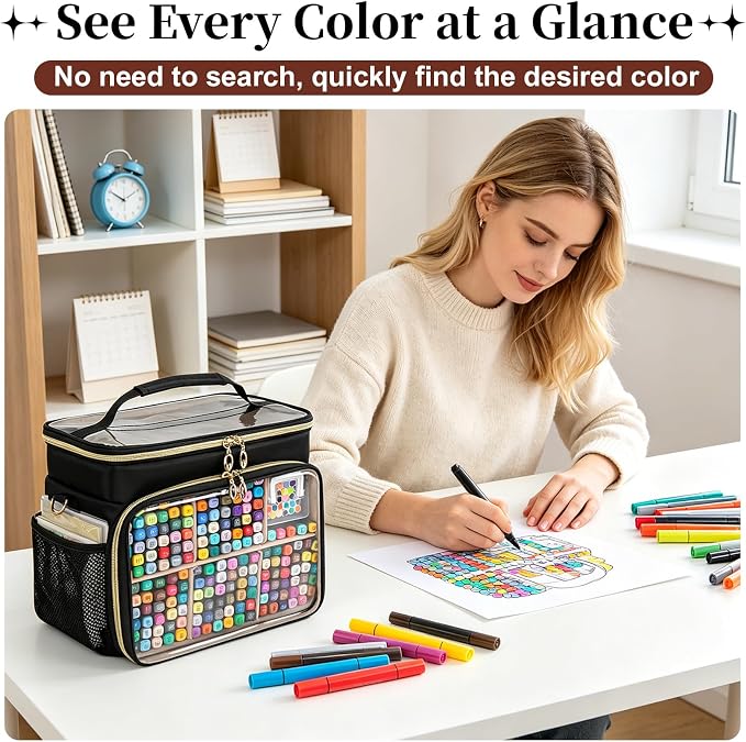 Large Marker Organizer Case for 200-300 Markers, Double-Layer Marker Bag with Removable Dividers, Marker Organizer for Markers, Pencils, Crayons or Other Art Supplies, Black (Bag Only) - Image 6