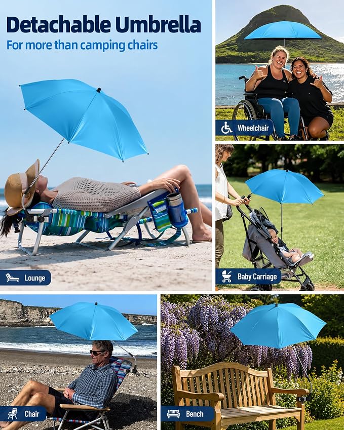 HaSteeL 2PCS Camping Chairs with Detachable Umbrella, Folding Beach Chair for Adults, Large Portable Foldable Chair for Outdoors Fishing Hiking Travel Picnic Lawn, Supports 275lbs, Storage Bags, Blue - Image 8