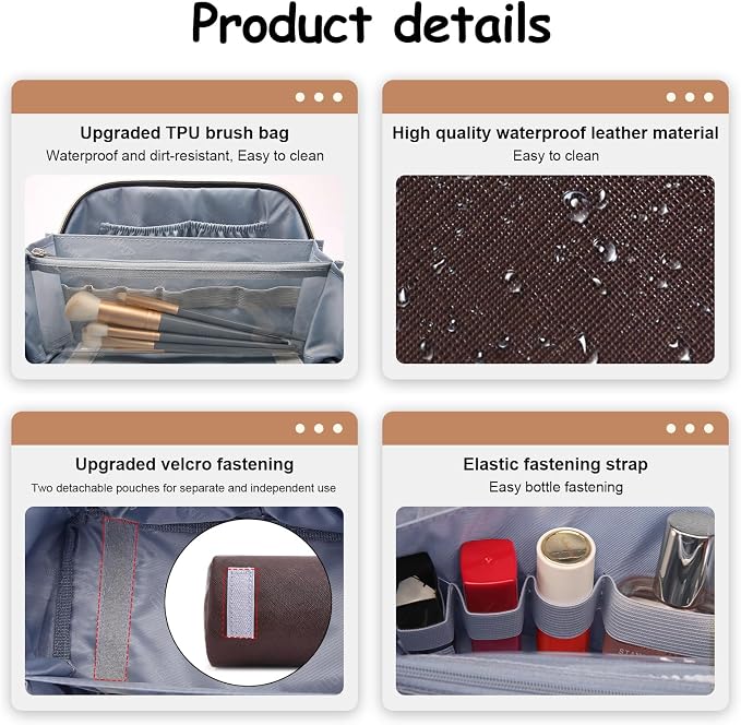 BOYATU Travel Makeup Bag Organizer Cosmetic Bag: 3 Pcs Set Make up Bags for Women with Handle - Waterproof Vegan Leather Toiletry Bags Travel Essentials Pouch with Compartments (A-03-Brown) - Image 5