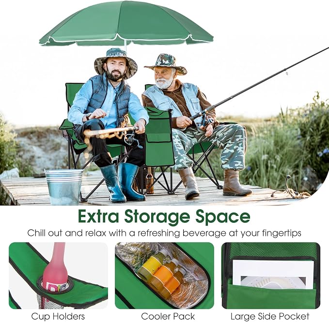 Goplus Double Camping Chair with Umbrella, Folding Loveseat Chairs w/Canopy Shade, Carrying Bag, Table, Cup Holder, Portable Beach Chairs Outdoor Picnic Patio (Green) - Image 5