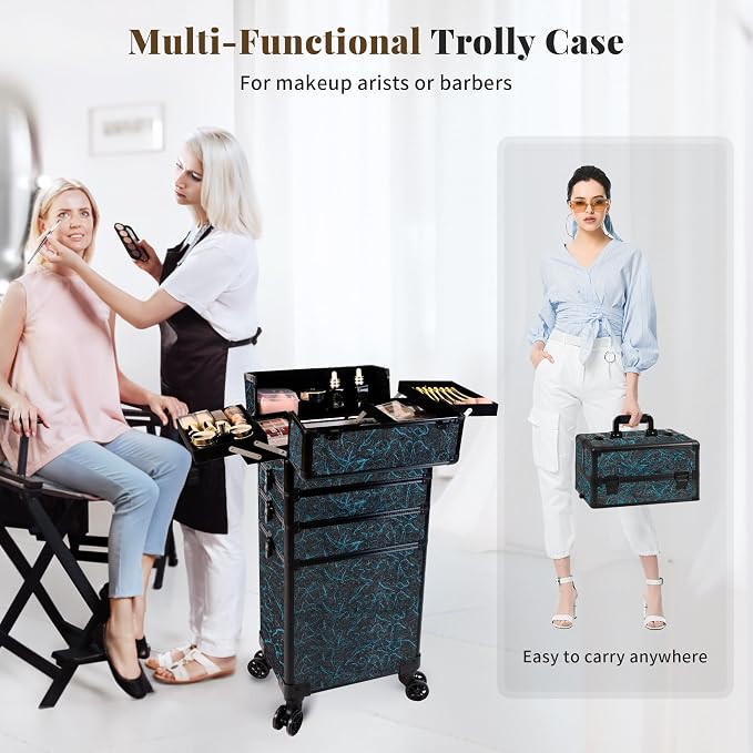 Rolling Makeup Train Case with Lid Cosmetology Case on Wheels | 5 in 1 Large Cosmetic Trolley Organizer Travel for Hairstylist Artist Nail Beauty Salon Barber Cart Trunk, Blue - Image 3