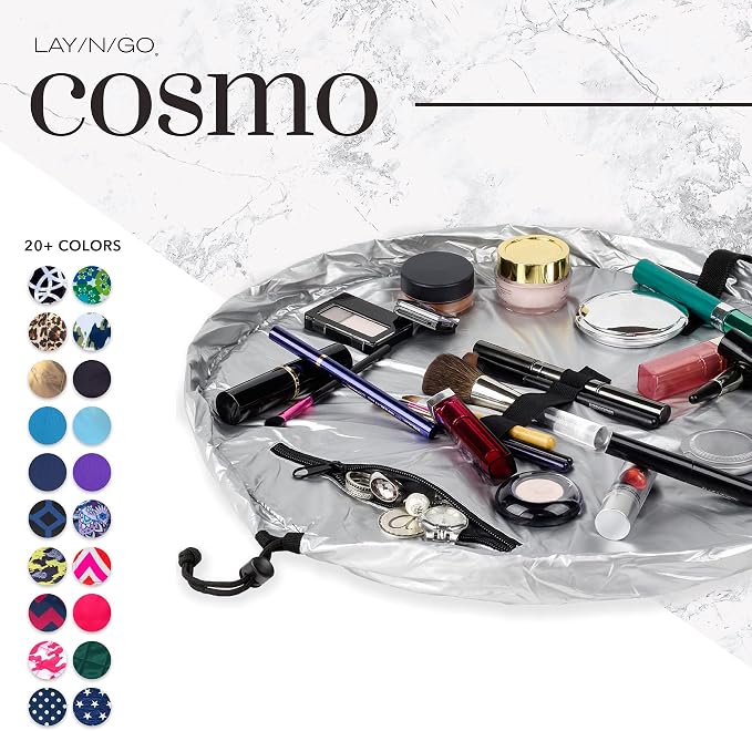 Lay-n-Go Cosmo Layflat Drawstring Cosmetic & Makeup Bag Organizer - Portable Drawstring Makeup Bag w/Zipper Pocket, Makeup Loops & More -Durable, Machine Washable Toiletry Bag (20", Metallic Silver) - Image 4