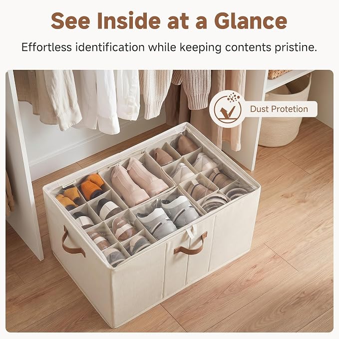 StorageWorks Shoe Organizer for Closet, Fits up to 24 Pairs, Shoe Cubby Storage Containers with Adjustable Dividers and Clear Cover, Beige - Image 5