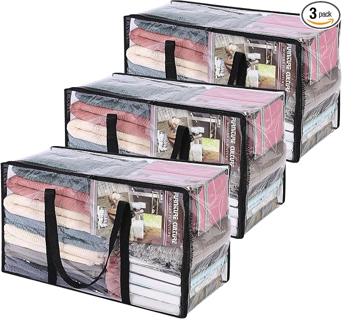 Vieshful 3 Pack Clear Comforter Storage Bag, 60L Clothes Storage Bag with Zipper Closet Organizer, Plastic Storage Containers Moving bags for Comforter, Blanket, Bedding, Duvet, Toys by Vieshful