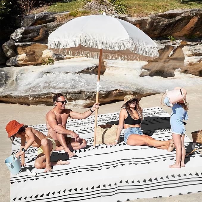ADecor Beach Blanket Waterproof Sandproof, Large Picnic Blankets with Stakes & Travel Bag, Lightweight, Quick-Dry, Compact Beach Mat for Outdoors, Camping, Beach, Trips - Monochrome Tribal - Image 2
